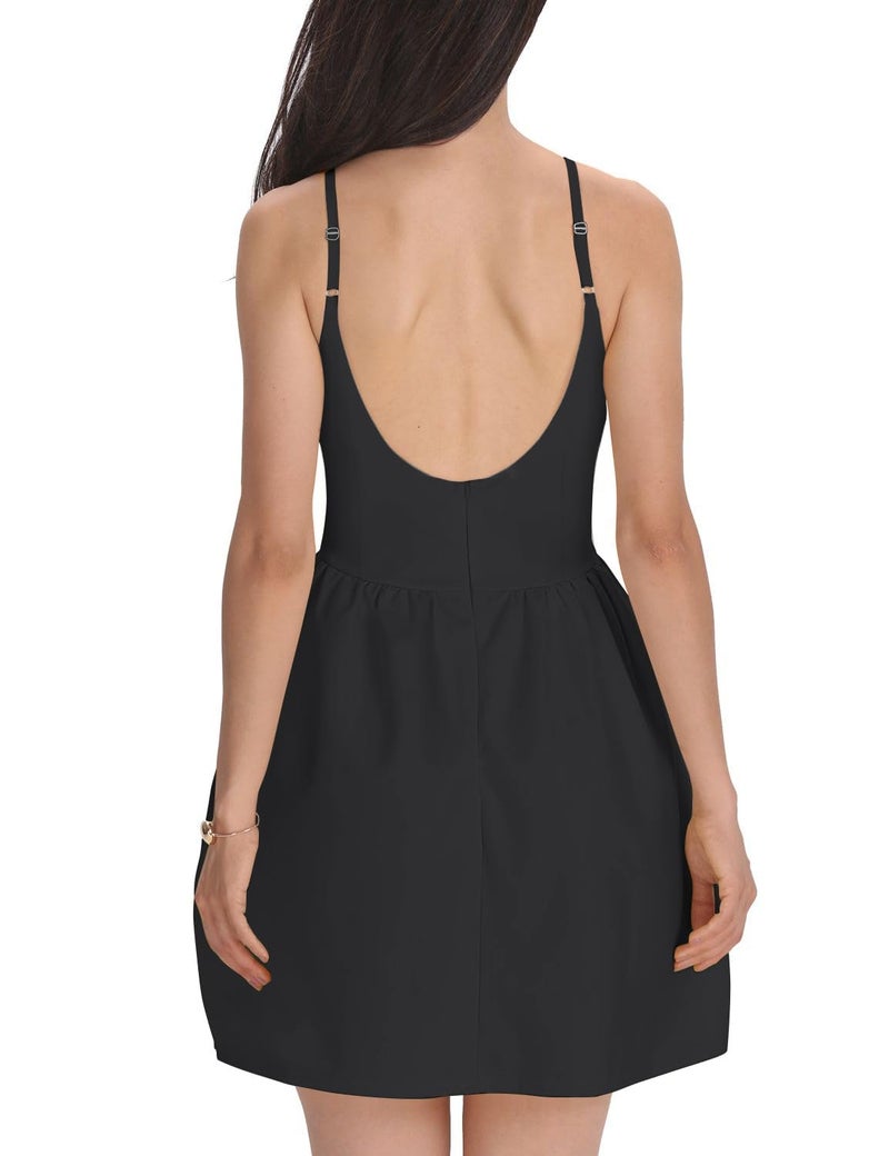 FANCYINN Women's Black Short Dress Spaghetti Strap Backless Mini Skater Black Dresses M - Image 4